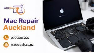 Mac Repair Auckland ad: logo, phone 0800585222, website macrepair.co.nz, and a technician repairing a disassembled MacBook.